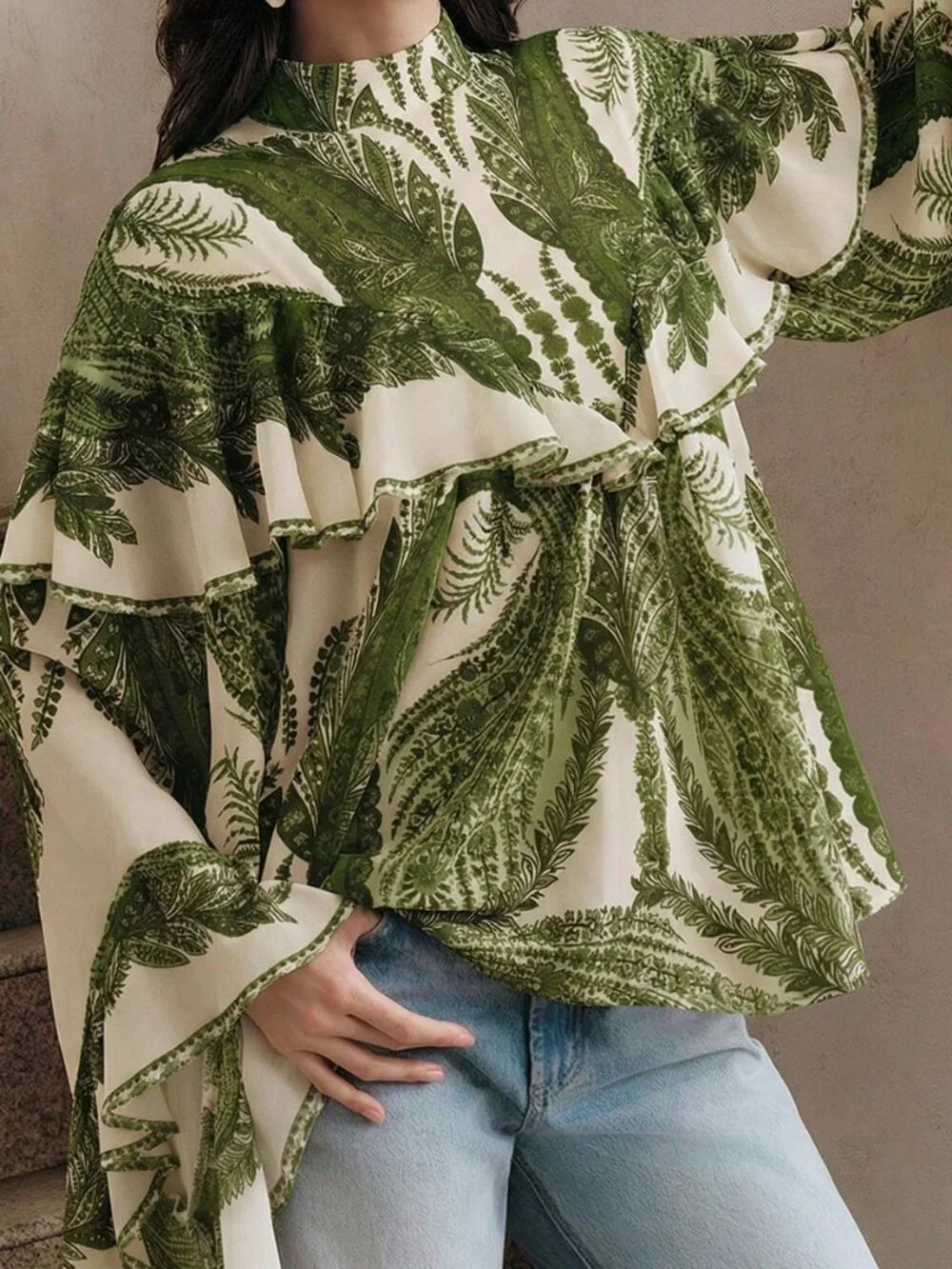 Green Casual Elegant Women's Flowy Floral Print Long Sleeve Ruffle Hem Blouse - Picture 6 of 8